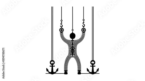 A stylized human figure is suspended by ropes and anchors.