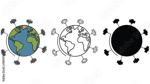 Three depictions of the Earth with objects orbiting it.