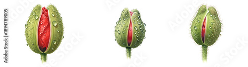 Wallpaper Mural Poppy Flower Buds with Water Droplets, Fresh Green and Red, isolated on transparent background Torontodigital.ca