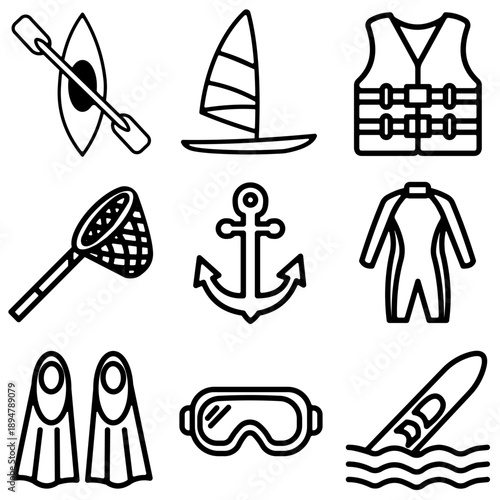 Water Sports and Beach Gear Icons Set