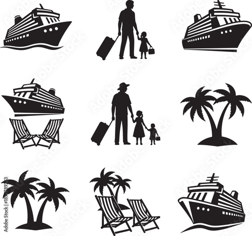 Cruise Ship and Family Holiday Icons: Travel, Vacation, and Summer Beach Elements