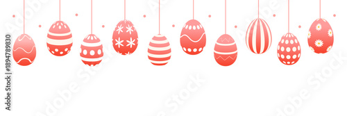 Garland of hanging pink Easter eggs with stripes, dots, stars and floral patterns. Festive gradient vector border for holiday greetings, banners and spring decorations.
