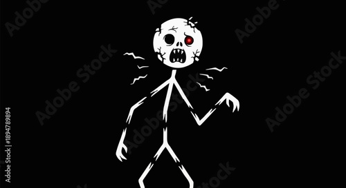 Scary stick figure zombie monster with broken skull and red eye.