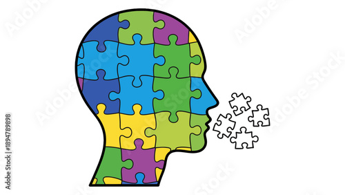 A colorful puzzle piece illustration of a human head in profile