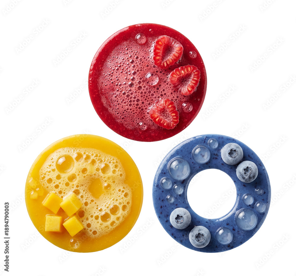 Fototapeta premium Three colored bases arranged as a clean color wheel, each with a different bubble pattern