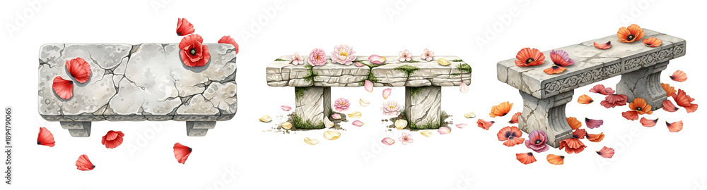 custom made wallpaper toronto digitalStone benches with scattered rose petals, watercolor, isolated on transparent background