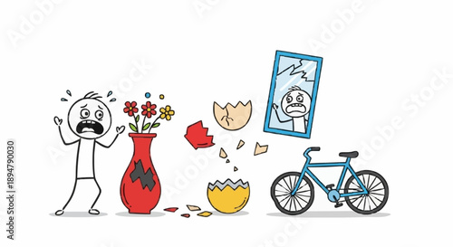 Shocked stick figure reacts to broken vase and bicycle accident.