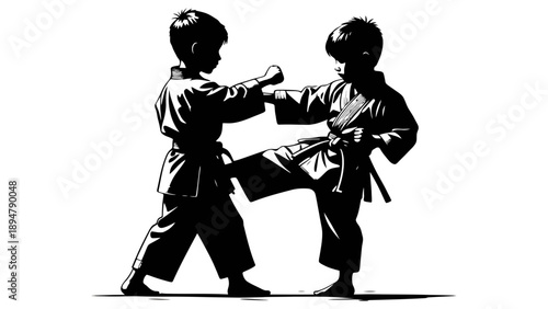 Two boys practicing karate in a fighting stance with intense focus