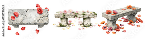 Wallpaper Mural Stone benches with scattered rose petals, watercolor, isolated on transparent background Torontodigital.ca