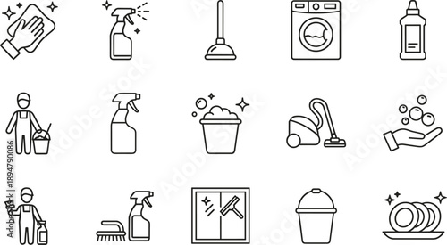 Cleaning services and household hygiene icon set featuring disinfecting tools laundry equipment sanitation symbols in clean outline vector style