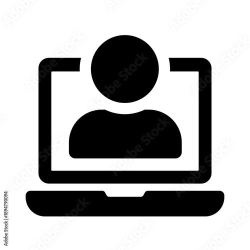 A solid black icon featuring a user silhouette centered on a laptop screen, representing personal account access, profile management, and remote user identity.
