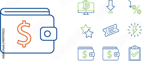 Digital wallet and finance icon set featuring payments savings banking transactions money symbols in modern outline vector style