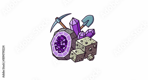 Mining and Geology Vector Icon with Purple Amethyst Crystals, Geode, Pickaxe, and Shovel for Gemstone Industry or Gaming Badge