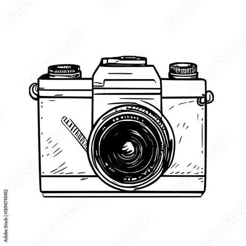 Minimalist vintage camera sticker with external flash, bold borders, clean white background, ideal for photography gear packaging or print media