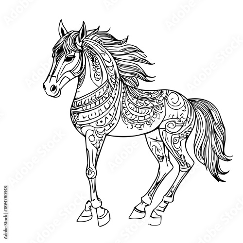 Intricate Symmetrical Line Art of a Chinese Zodiac Horse for 2026 Calendar Design, Elegant Decorative Patterns on Clean White Background