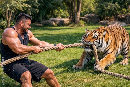 a muscular man has a tug-of-war with a tiger