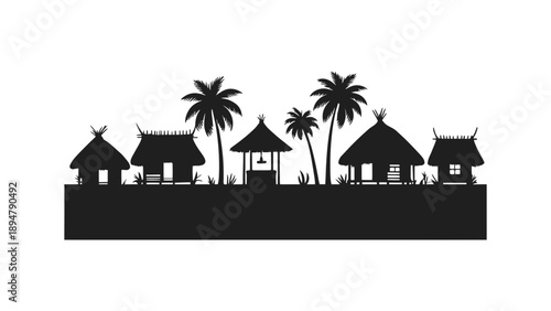 A serene village landscape with thatched huts and palm trees