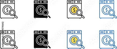 Financial search and audit icon set showing money analysis inspection accounting verification symbols in colorful outline vector style