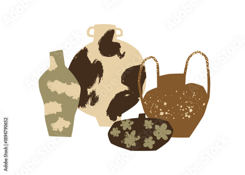 Ceramic vases composition. Handcrafted handmade ceramics. Hand-made pottery craft. Imperfect shapes, textured painted stoneware, rough patterns. Flat vector illustration isolated on white background