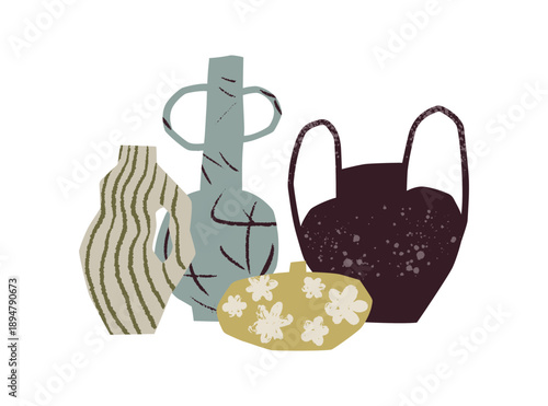 Handmade ceramics. Hand-made stoneware. Handcrafted ceramic vases, amphora, crockery. Textured rough pottery with asymmetric forms, patterns. Flat vector illustration isolated on white background