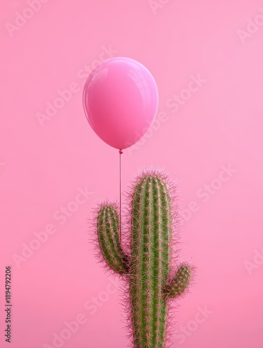 A cactus hugging a balloon, tension and danger concept, minimalist pink background