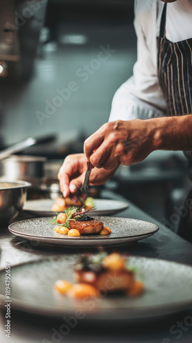 Professional chef plating gourmet dish in restaurant kitchen, action moment, vertical composition. Generative AI image