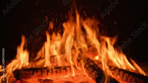 Intense orange flames engulf wooden logs in a dark setting