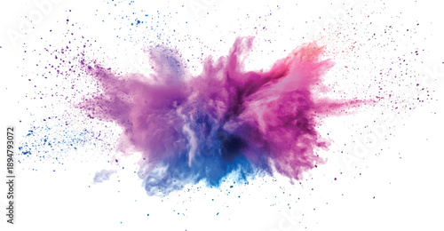 A dynamic and vibrant explosion of colorful powder against a white background. Vibrant explosion of pink and blue color powder creating a dynamic abstract splash on a white background.