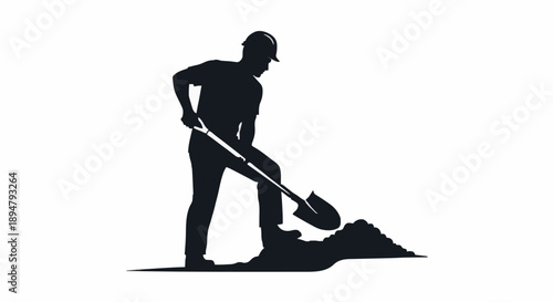 Silhouette of a construction worker digging with a shovel.