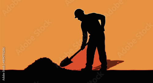 Silhouette of a construction worker digging with a shovel.