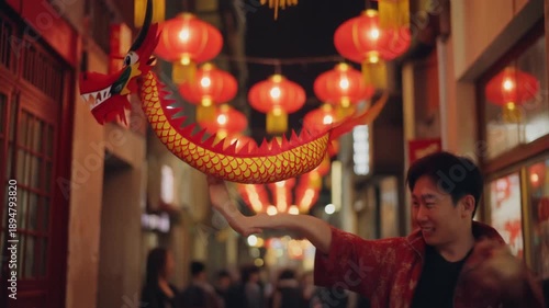Man walking under lanterns at night