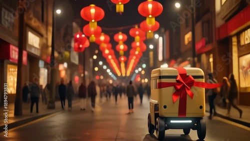 Gift box on lantern lit street