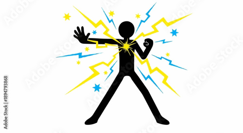 Silhouette figure radiating energy and lightning bolts.