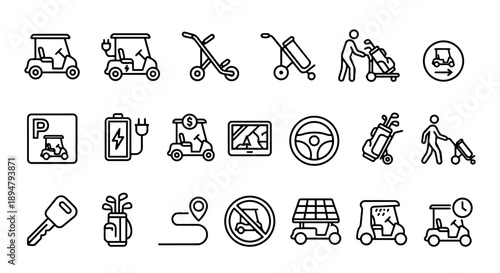 Golf cart transportation icon set with electric charger, path signs, and equipment