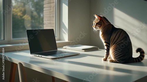 Cat sitting on desk near laptop