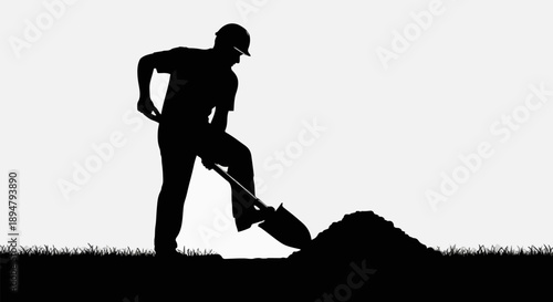 Silhouette of a construction worker digging a hole with a shovel.