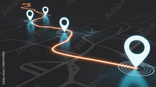 GPS navigation route with glowing map pins and path