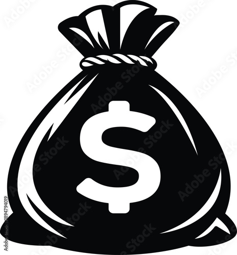 Detailed money bag silhouette with dollar sign and rope tie for banking, profit, and financial success concepts
