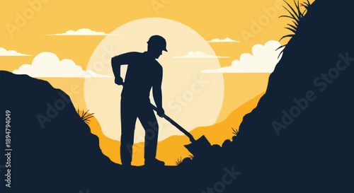 Silhouette of a construction worker digging a trench at sunset.