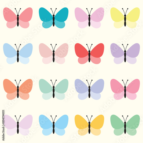 Set of small colourful butterflies. Insect vector illustration.