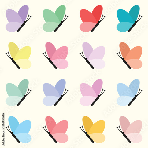Set of small colourful butterflies. Insect vector illustration.