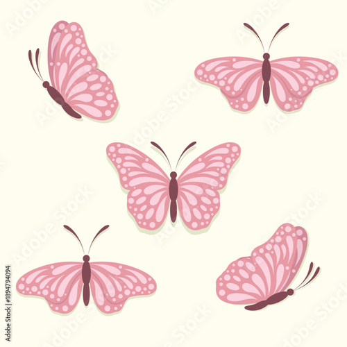 A set of five cute butterflies in different flying variations. Insect vector illustration.