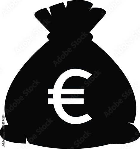 Euro money bag silhouette icon for European finance, banking, and wealth concept isolated on white background