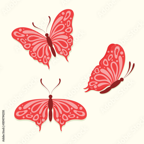 A set of three cute butterflies in different flying variations. Insect vector illustration.