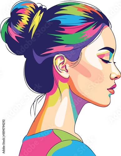Pop art woman profile with colorful rainbow hair closing eyes vector