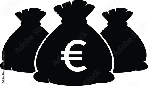 Group of three Euro money bags silhouettes for abundance, banking, and European financial wealth concepts