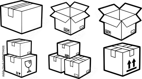 set of cardboard boxes line art, black outline, vector and illustration, coloring book page line art drawing