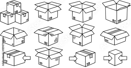 set of cardboard boxes line art, black outline, vector and illustration, coloring book page line art drawing