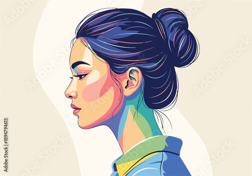Colorful woman profile portrait vector illustration with messy hair bun