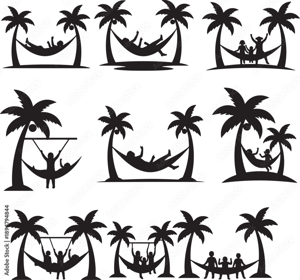 Fototapeta premium Collection of Black Silhouette Hammocks and Palm Trees for Relaxation Scenes
